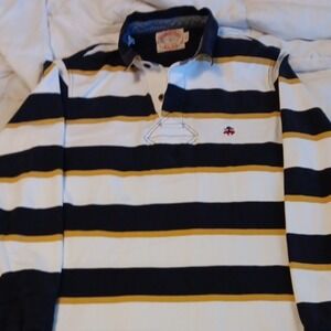 Brooks Brothers Navy and Yellow Striped Polo Shirt